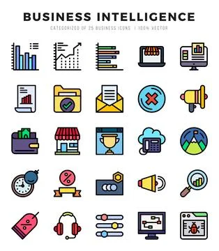 Business Intelligence elements. Lineal Color web icon set. Simple vector il.. Stock Illustration