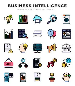 Business Intelligence elements. Lineal Color web icon set. Simple vector il.. 스톡 일러스트