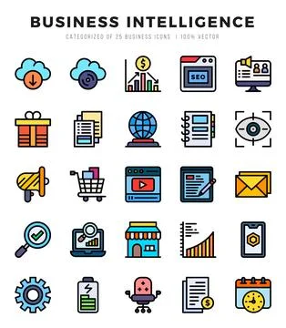 Business Intelligence elements. Lineal Color web icon set. Simple vector il.. Stockillustratie