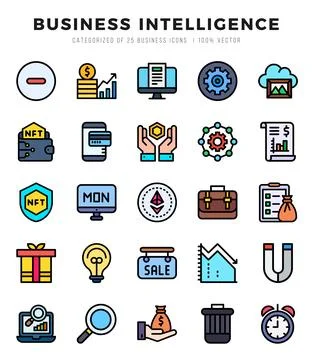Business Intelligence elements. Lineal Color web icon set. Simple vector il.. 스톡 일러스트
