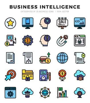 Business Intelligence elements. Lineal Color web icon set. Simple vector il.. イラスト素材