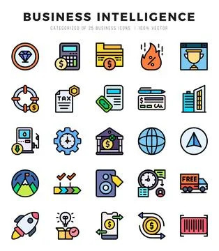 Business Intelligence elements. Lineal Color web icon set. Simple vector il.. Stock Illustration