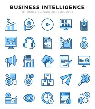 Business Intelligence elements. Two Color web icon set. Simple vector illus.. Stock Illustration