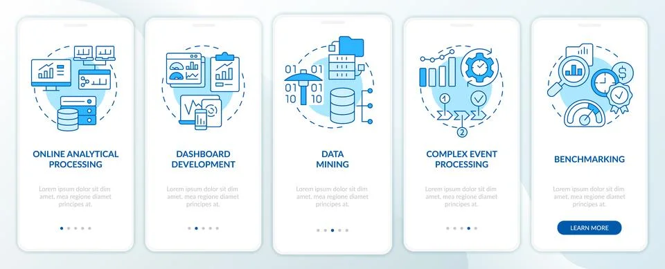 Business intelligence examples blue onboarding mobile app screen Stockillustratie