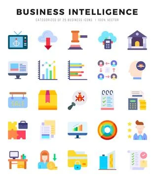Business Intelligence Flat icons collection. 25 icon set in a Flat design. 库存插图