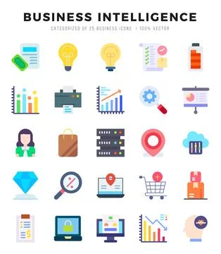 Business Intelligence Flat icons collection. 25 icon set in a Flat design. Stock Illustration