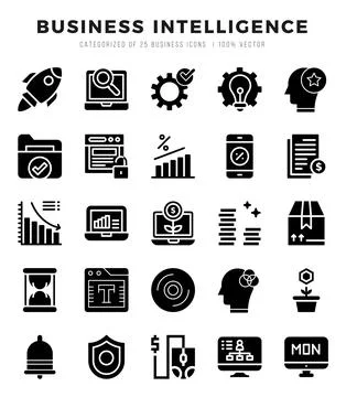 Business Intelligence Icons bundle. Glyph style Icons. Vector illustration. Stock Illustration