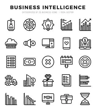 Business Intelligence Icons bundle. Lineal style Icons. Vector illustration. Illustrazione stock