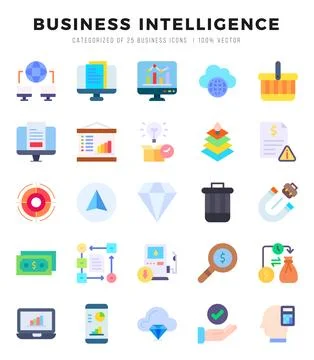 Business Intelligence icons Pack. Flat icons set. Business Intelligence col.. Stock Illustration