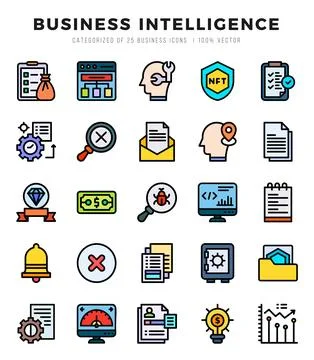 Business Intelligence icons set. Collection of simple Lineal Color web icons. Stock Illustration