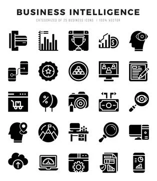 Business Intelligence icons set. Collection of simple Glyph web icons. Stock Illustration