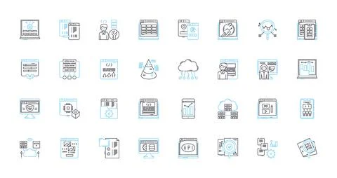 Business intelligence linear icons set. Analytics, Big Data, Dashboards, Insight Stock Illustration