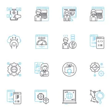 Business intelligence linear icons set. Analytics, Big Data, Dashboards, Insight Stock Illustration