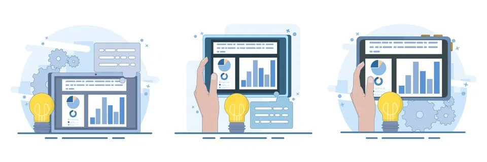 Business intelligence set featuring tablet analytics, performance graphs. Stock Illustration