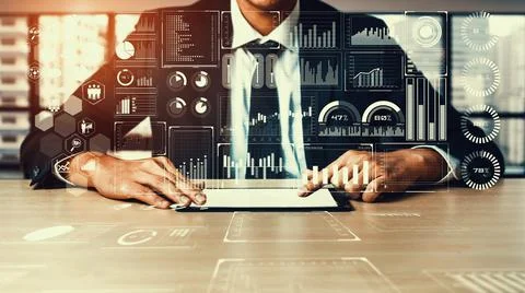 Business intelligence technology and big data analytic mixed media Stock Photos