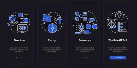 Business interaction essentials night mode onboarding mobile app screen Stock Illustration