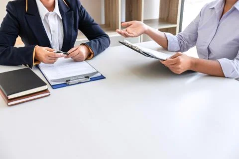 Business interview consider and asking candidate questions a resume conversat Stock Photos