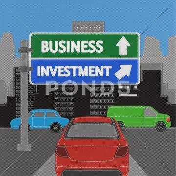 Business investment highway sign concept with stitch style on fabric backgrou Stock Illustration