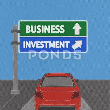 Business investment highway sign concept with stitch style on fabric backgrou Stock Illustration