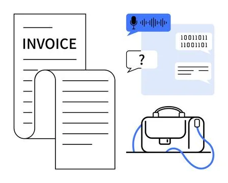 Business invoice document, chat messages, voice notes, and briefcase repres.. Illustrazione stock