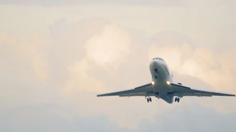 Business jet is taking off at sunset. Front view Stock Footage 112674399