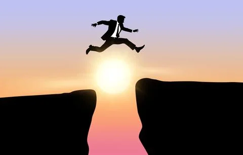Business jump through the gap between hill, man jumping over cliff, on sunset Stock Illustration