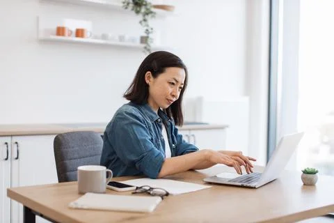 Business lady checking email via computer in kitchen Foto stock
