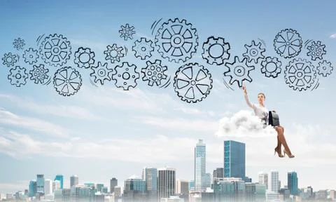 Business lady float on cloud touching drawn gear mechanism Stockfoto's