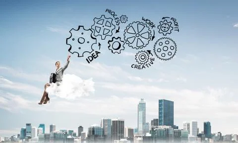 Business lady float on cloud touching drawn gear mechanism 스톡 사진