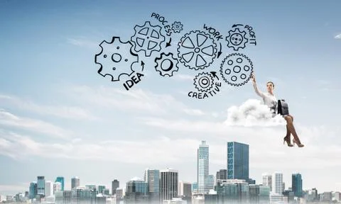 Business lady float on cloud touching drawn gear mechanism Stock Photos