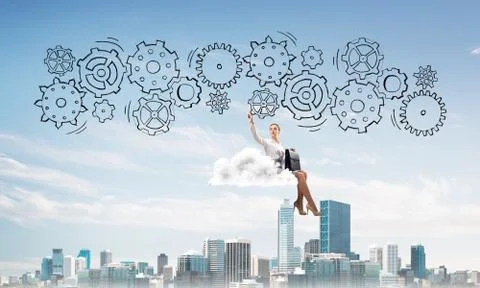 Business lady float on cloud touching drawn gear mechanism Stockfoto's
