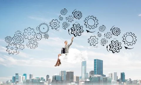 Business lady float on cloud touching drawn gear mechanism Stock Photos