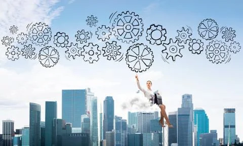 Business lady float on cloud touching drawn gear mechanism Foto stock