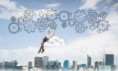 Business lady float on cloud touching drawn gear mechanism Stock Photos