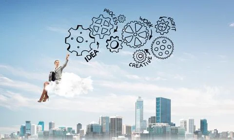 Business lady float on cloud touching drawn gear mechanism 库存照片
