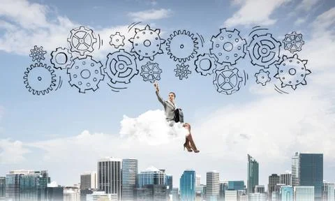Business lady float on cloud touching drawn gear mechanism Stock Photos