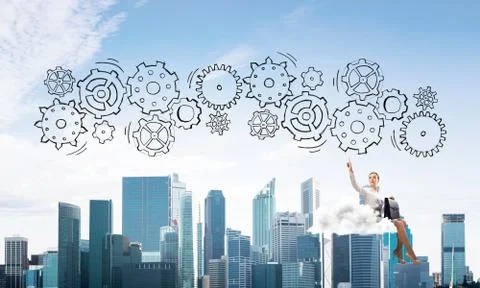 Business lady float on cloud touching drawn gear mechanism 写真素材