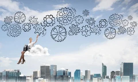 Business lady float on cloud touching drawn gear mechanism Stock Photos