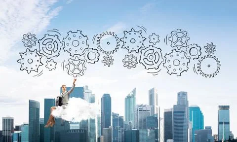 Business lady float on cloud touching drawn gear mechanism Stock Photos