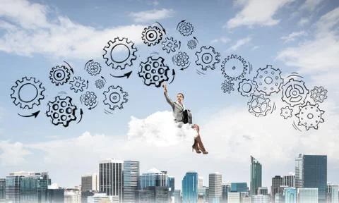 Business lady float on cloud touching drawn gear mechanism Stock Photos