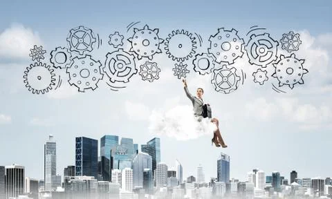 Business lady float on cloud touching drawn gear mechanism Foto stock
