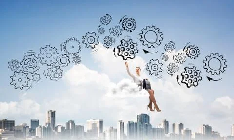 Business lady float on cloud touching drawn gear mechanism Stock Photos