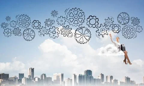 Business lady float on cloud touching drawn gear mechanism Foto stock
