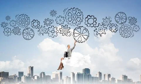 Business lady float on cloud touching drawn gear mechanism Foto stock