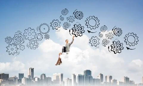 Business lady float on cloud touching drawn gear mechanism Stock Photos