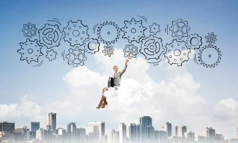 Business lady float on cloud touching drawn gear mechanism Foto stock