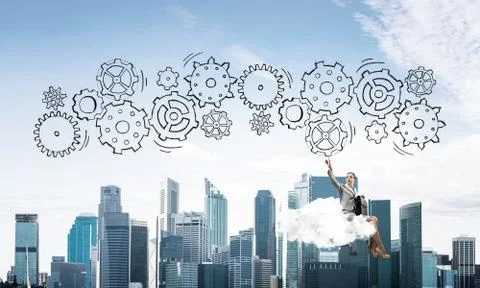Business lady float on cloud touching drawn gear mechanism Stock Photos