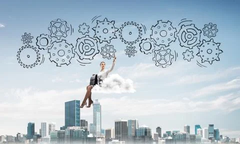 Business lady float on cloud touching drawn gear mechanism Stock Photos
