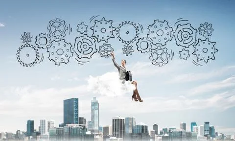 Business lady float on cloud touching drawn gear mechanism Stock Photos
