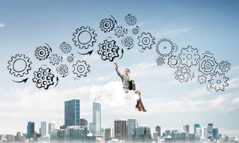 Business lady float on cloud touching drawn gear mechanism Stock Photos